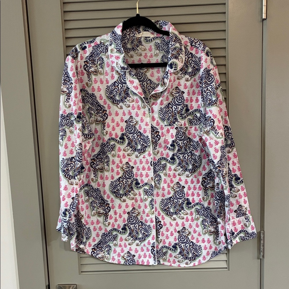 PrintFresh Pajama Top Bagheera White Pink Print Cotton Sz L